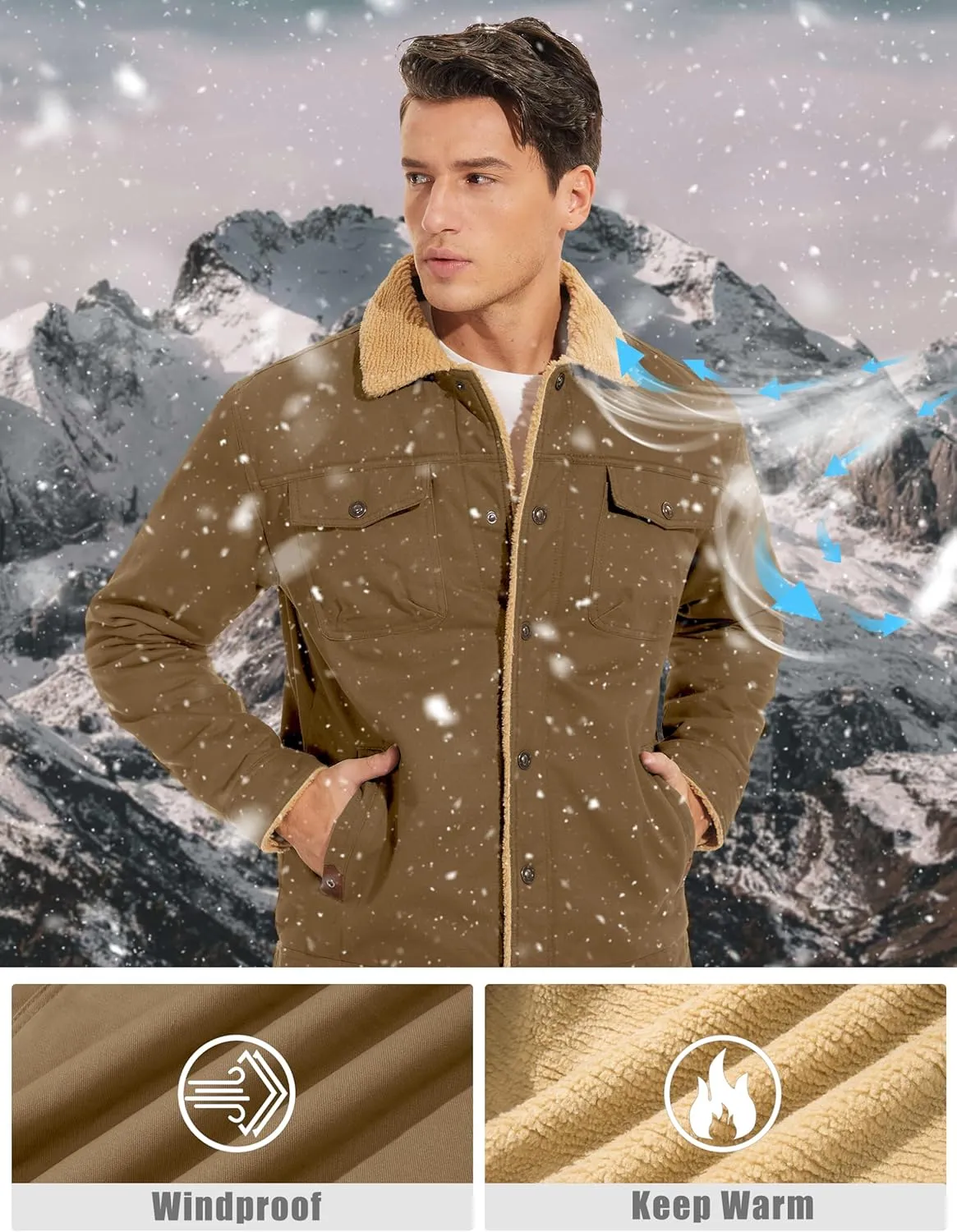 TACVASEN Men's Winter Jacket Sherpa Fleece Lined Cargo Coat Warm Thick Trucker Jacket with Multi Pockets
