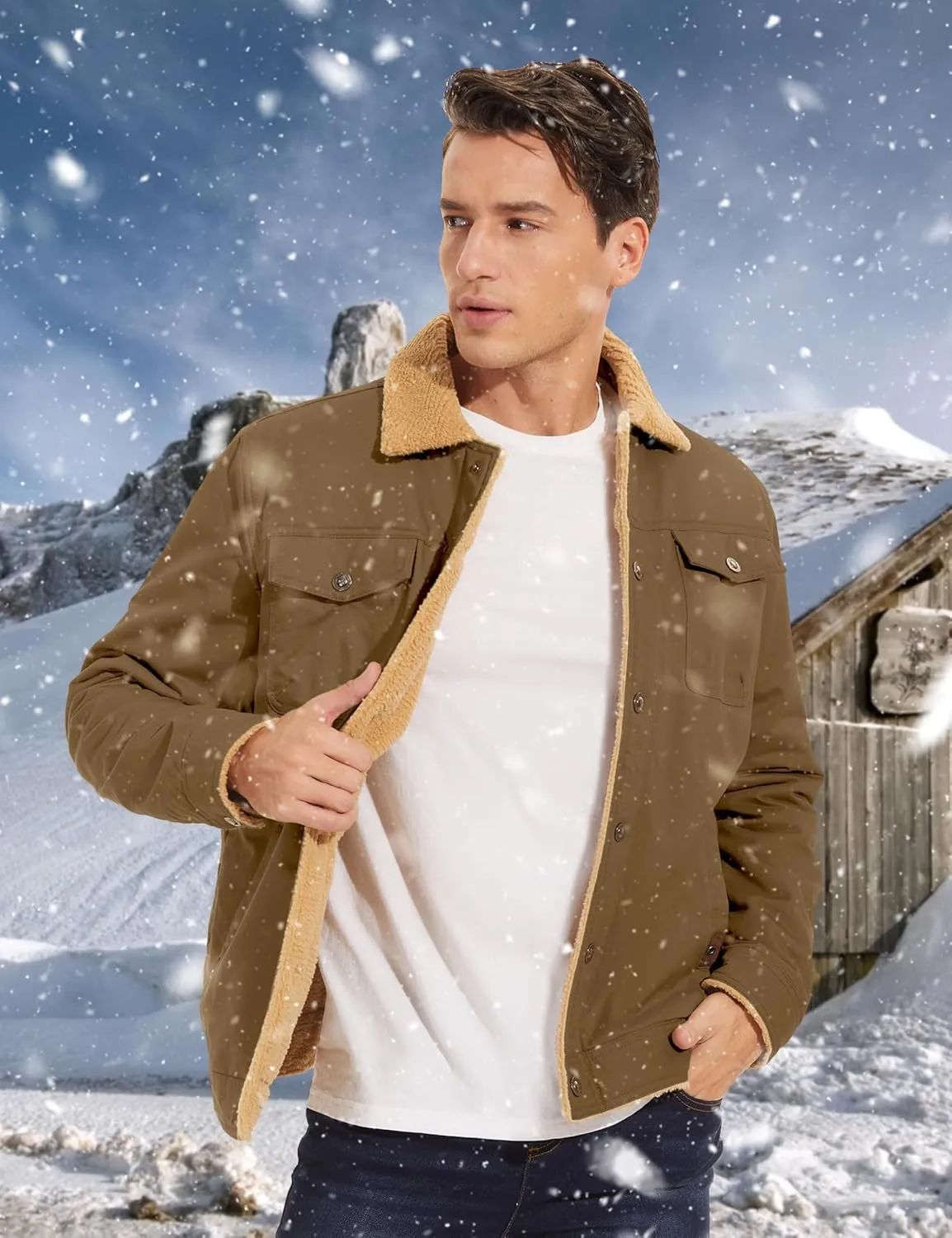 TACVASEN Men's Winter Jacket Sherpa Fleece Lined Cargo Coat Warm Thick Trucker Jacket with Multi Pockets