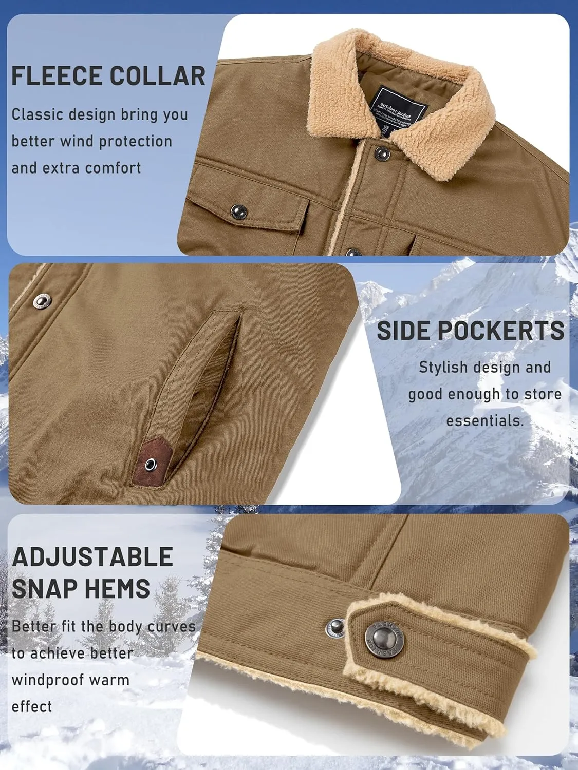 TACVASEN Men's Winter Jacket Sherpa Fleece Lined Cargo Coat Warm Thick Trucker Jacket with Multi Pockets