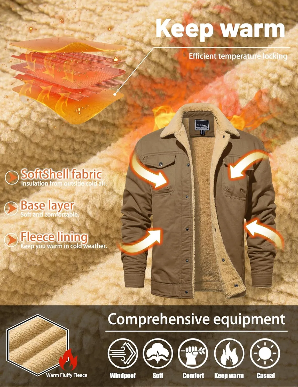 TACVASEN Men's Winter Jacket Sherpa Fleece Lined Cargo Coat Warm Thick Trucker Jacket with Multi Pockets