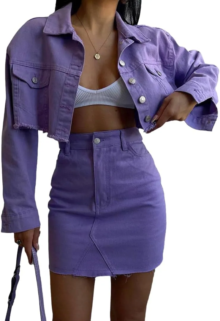 THLAI 2 Piece Denim Skirt Jacket Set Women Jacket Top High Waist Skirt with Pockets Summer Tracksuit Sets