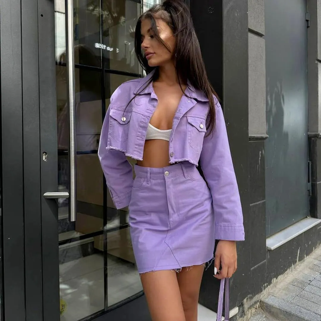 THLAI 2 Piece Denim Skirt Jacket Set Women Jacket Top High Waist Skirt with Pockets Summer Tracksuit Sets