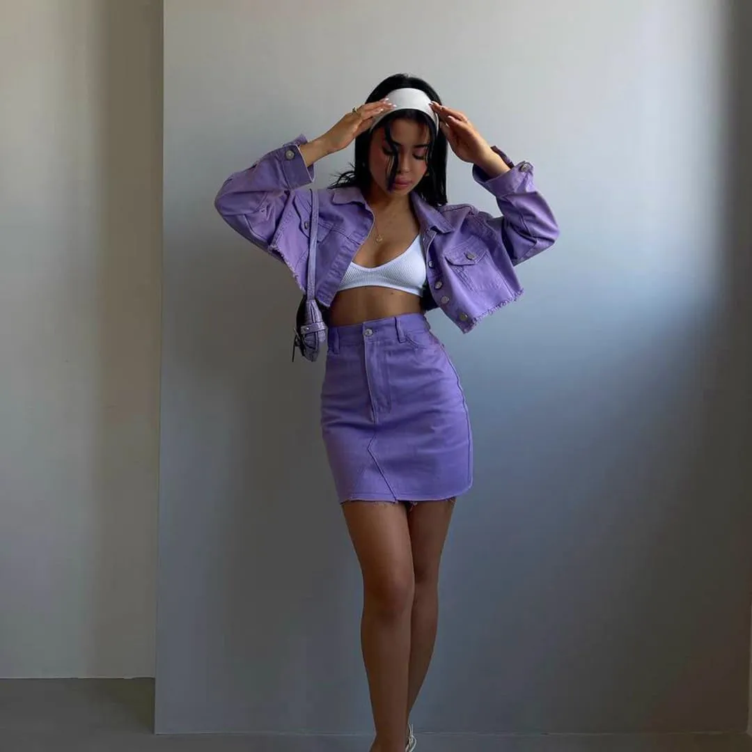 THLAI 2 Piece Denim Skirt Jacket Set Women Jacket Top High Waist Skirt with Pockets Summer Tracksuit Sets