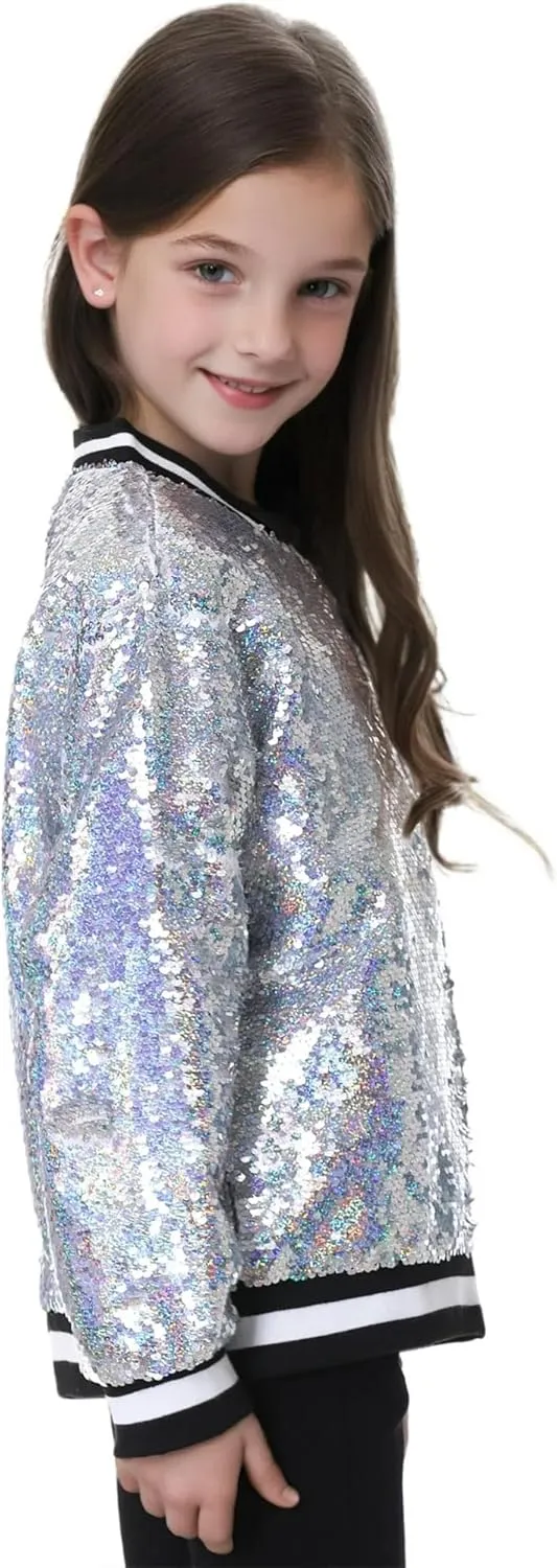 TIMSOPHIA Girls Sequin Jacket, Sparkle Bomber Jacket Glitter Kids 1989 Sparkly Blazer Costume for Concert Party Club