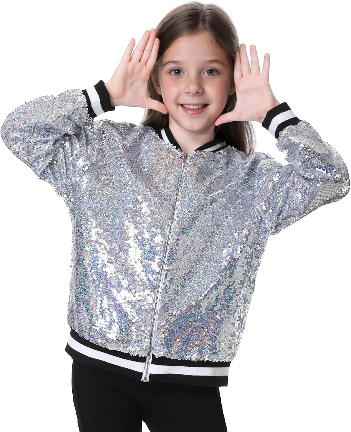 TIMSOPHIA Girls Sequin Jacket, Sparkle Bomber Jacket Glitter Kids 1989 Sparkly Blazer Costume for Concert Party Club
