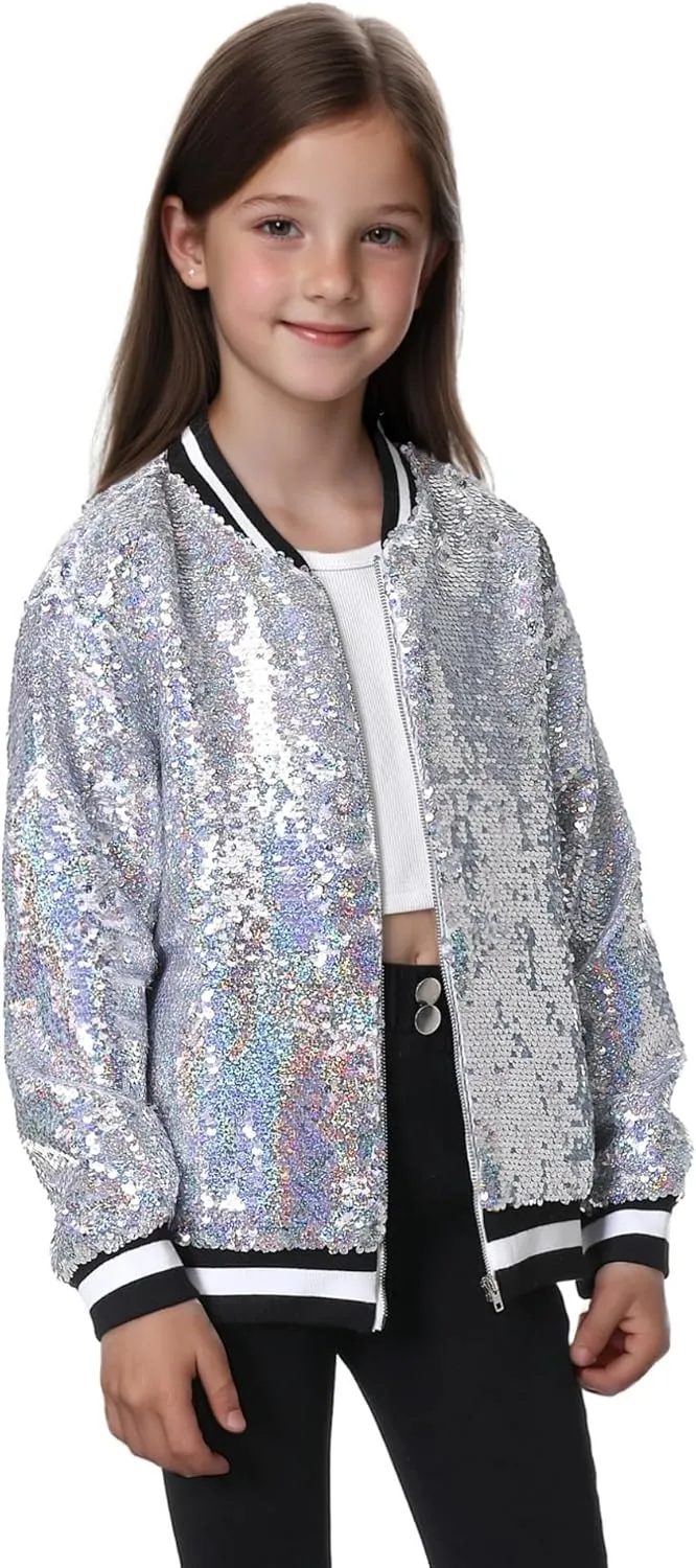 TIMSOPHIA Girls Sequin Jacket, Sparkle Bomber Jacket Glitter Kids 1989 Sparkly Blazer Costume for Concert Party Club