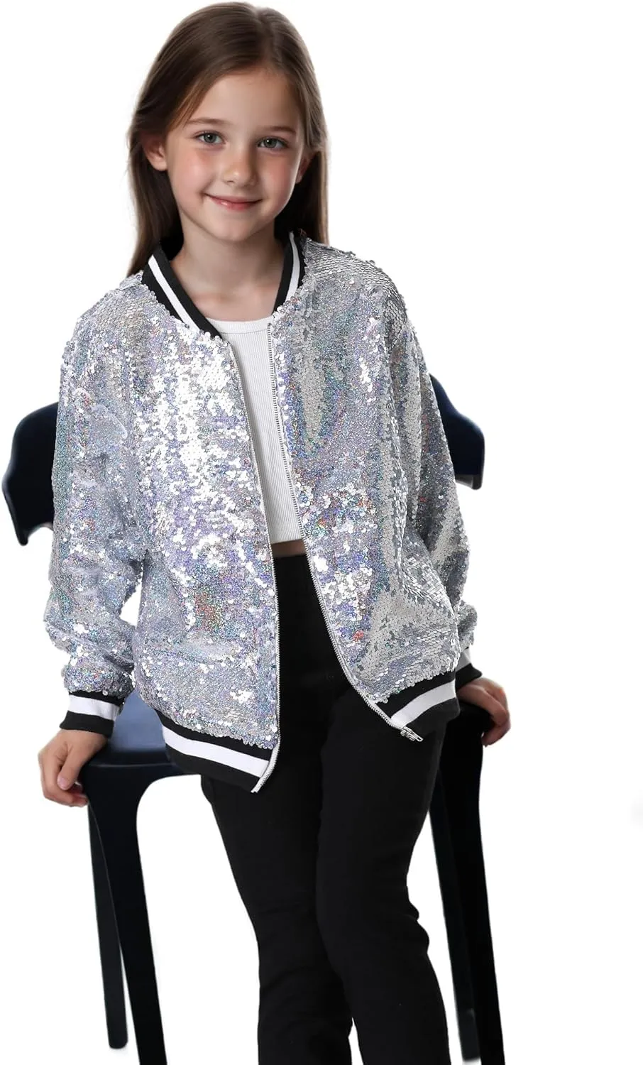TIMSOPHIA Girls Sequin Jacket, Sparkle Bomber Jacket Glitter Kids 1989 Sparkly Blazer Costume for Concert Party Club