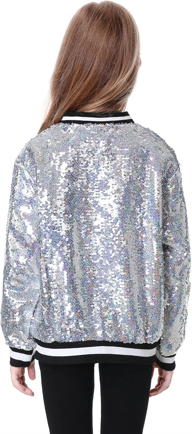 TIMSOPHIA Girls Sequin Jacket, Sparkle Bomber Jacket Glitter Kids 1989 Sparkly Blazer Costume for Concert Party Club