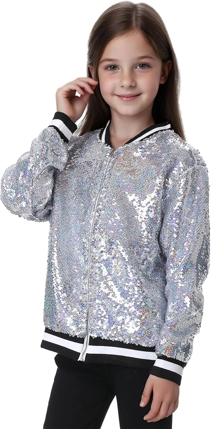 TIMSOPHIA Girls Sequin Jacket, Sparkle Bomber Jacket Glitter Kids 1989 Sparkly Blazer Costume for Concert Party Club