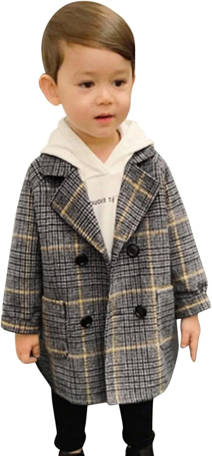 Toddler Kids Plaid Coat Elegant Notched Collar Double Breasted Wool Blend Over Pea Coat Baby Boys Girls Trench Coat Jacket