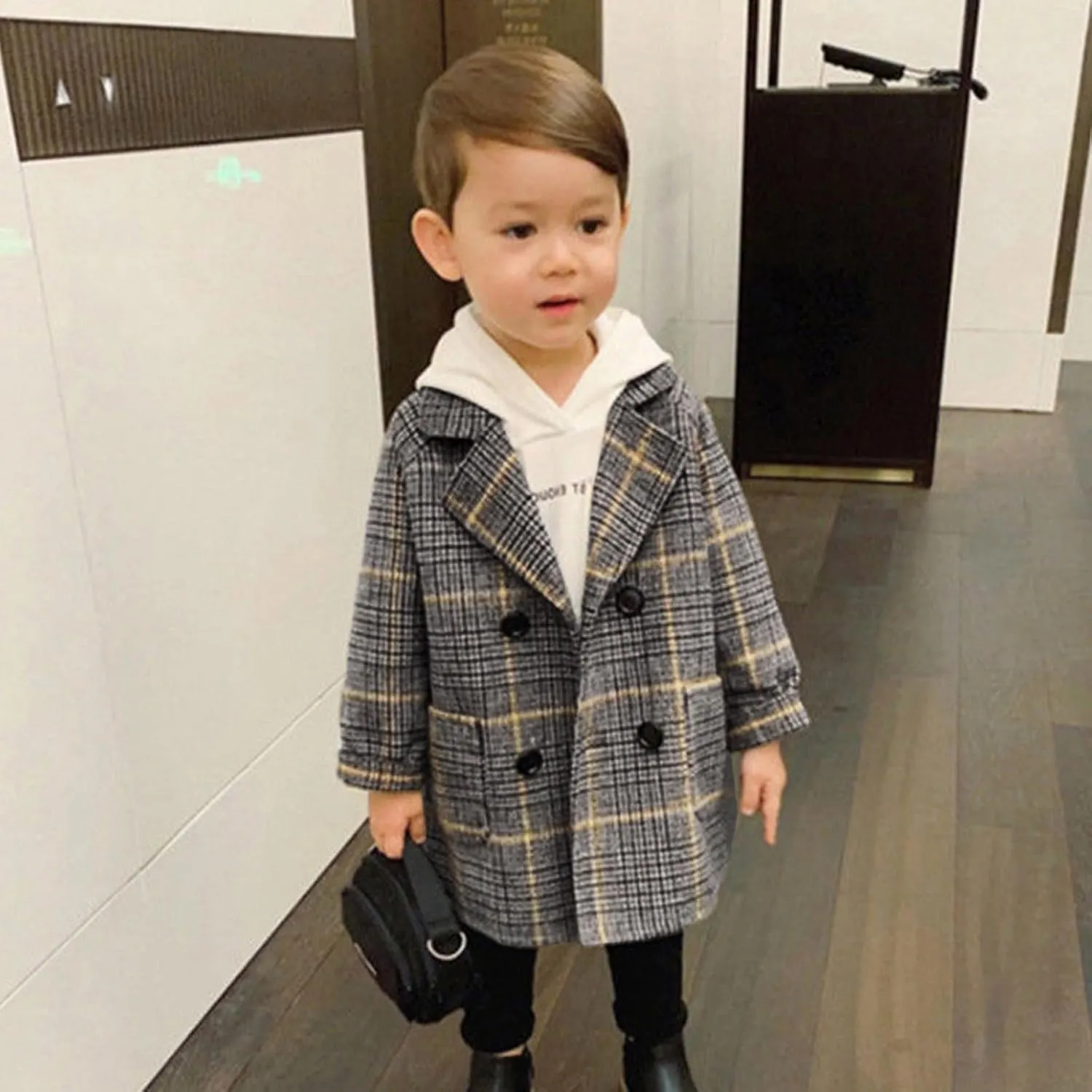 Toddler Kids Plaid Coat Elegant Notched Collar Double Breasted Wool Blend Over Pea Coat Baby Boys Girls Trench Coat Jacket