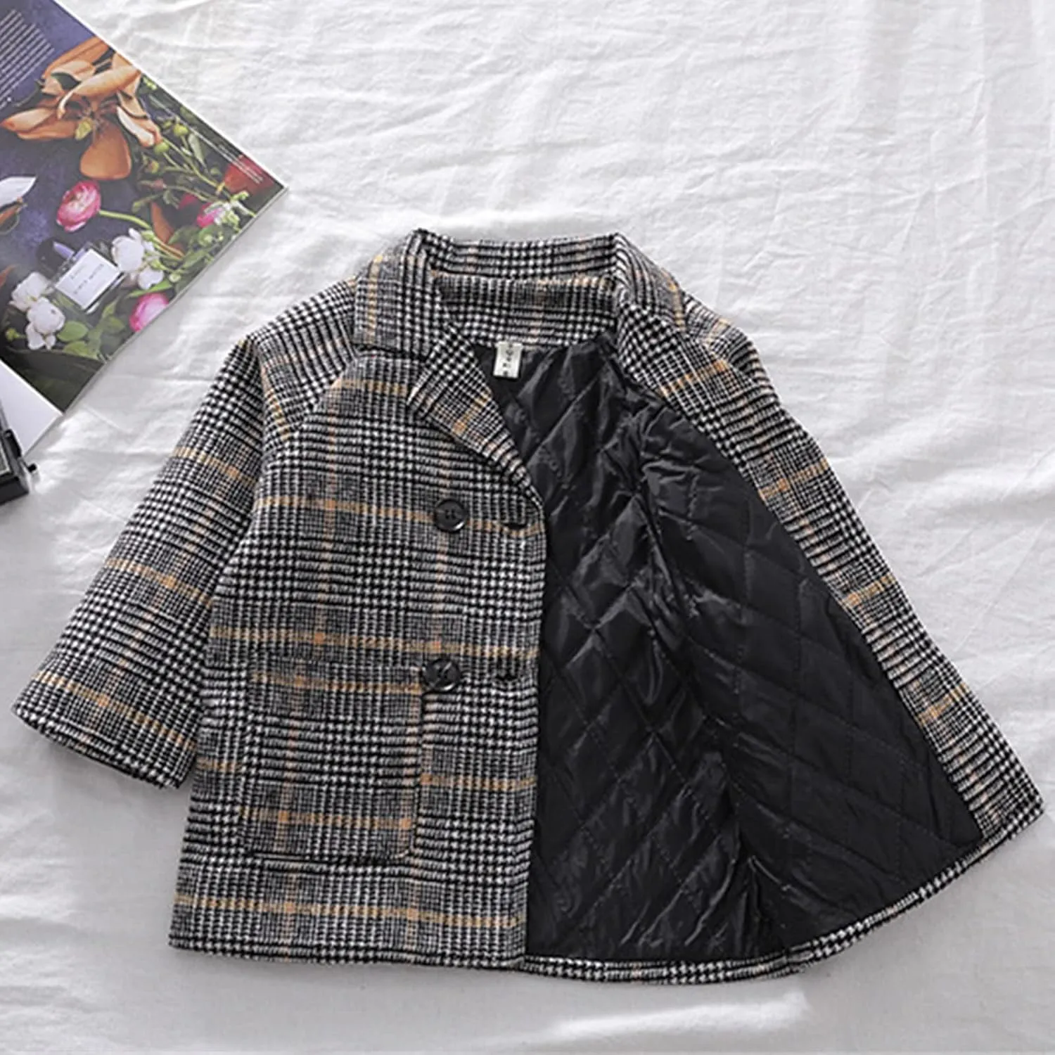 Toddler Kids Plaid Coat Elegant Notched Collar Double Breasted Wool Blend Over Pea Coat Baby Boys Girls Trench Coat Jacket