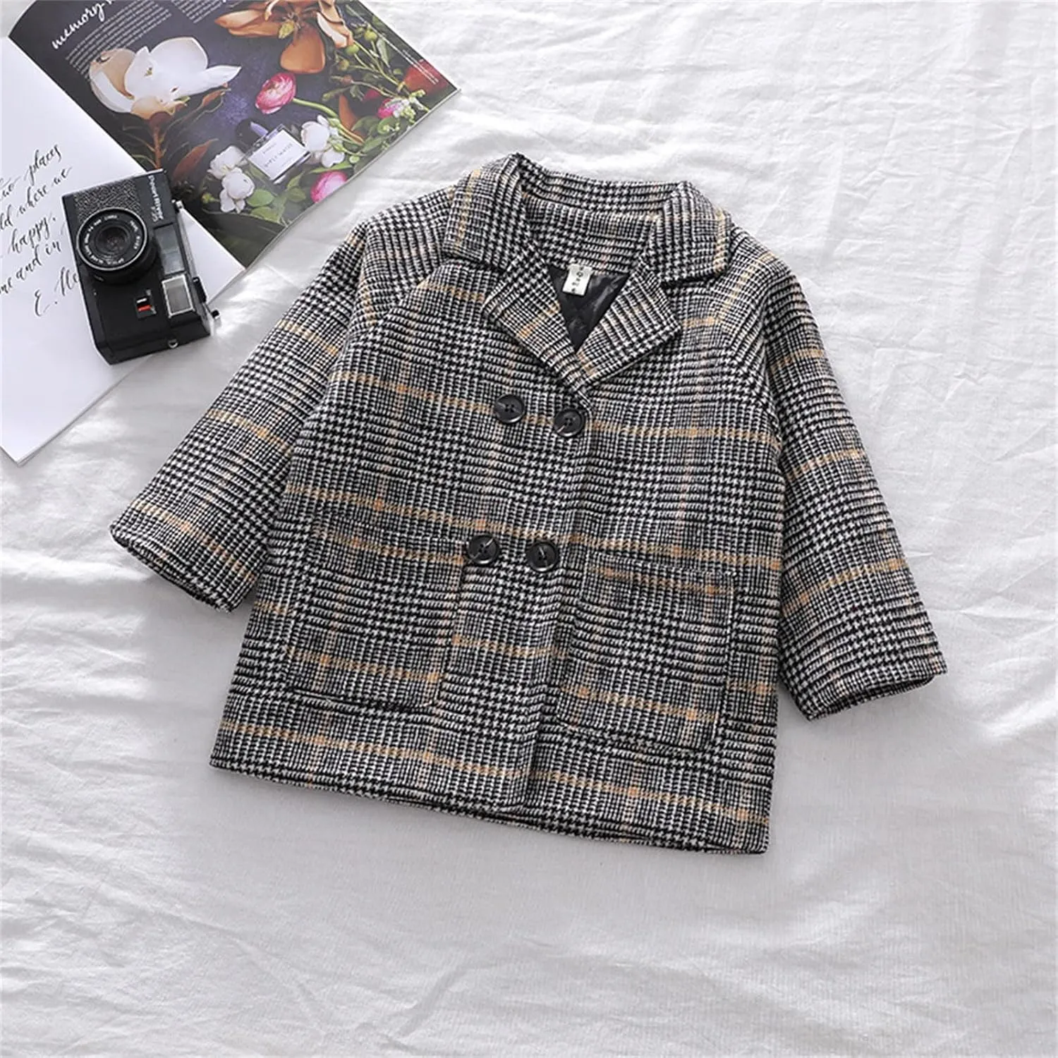 Toddler Kids Plaid Coat Elegant Notched Collar Double Breasted Wool Blend Over Pea Coat Baby Boys Girls Trench Coat Jacket