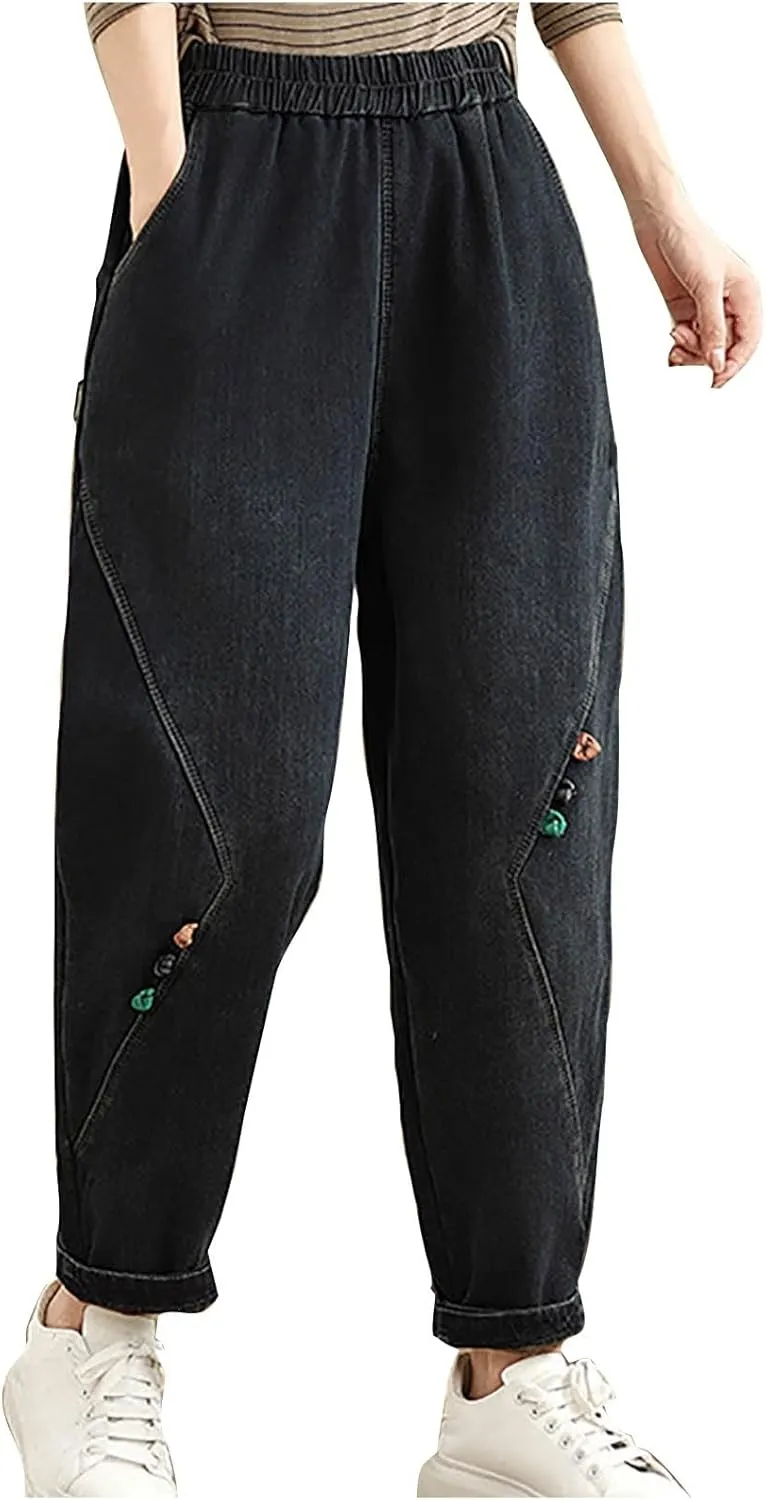 Trendy Barrel Jeans Women High Waisted Pull On Drawstring Elastic Waist Stretchy Denim Pants with Utility Pockets