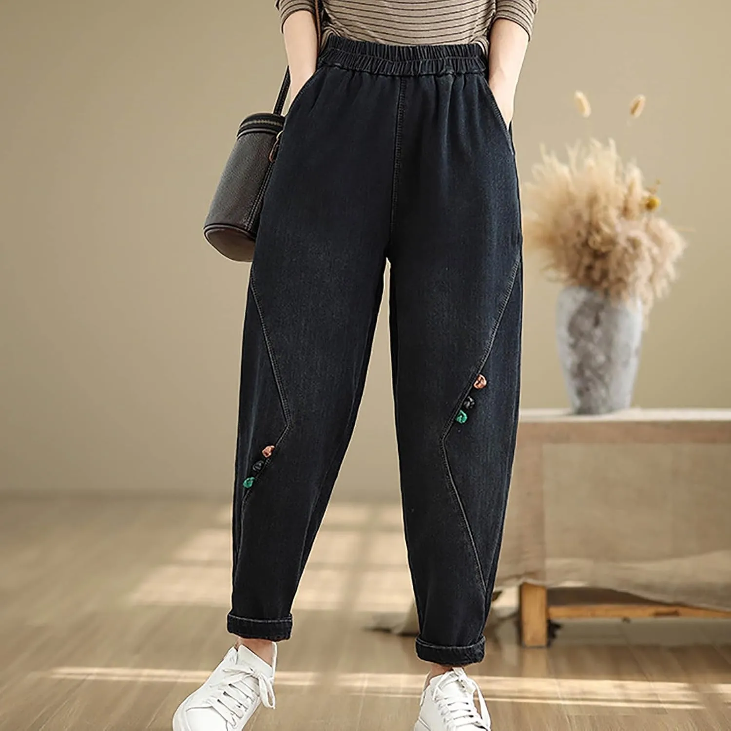 Trendy Barrel Jeans Women High Waisted Pull On Drawstring Elastic Waist Stretchy Denim Pants with Utility Pockets