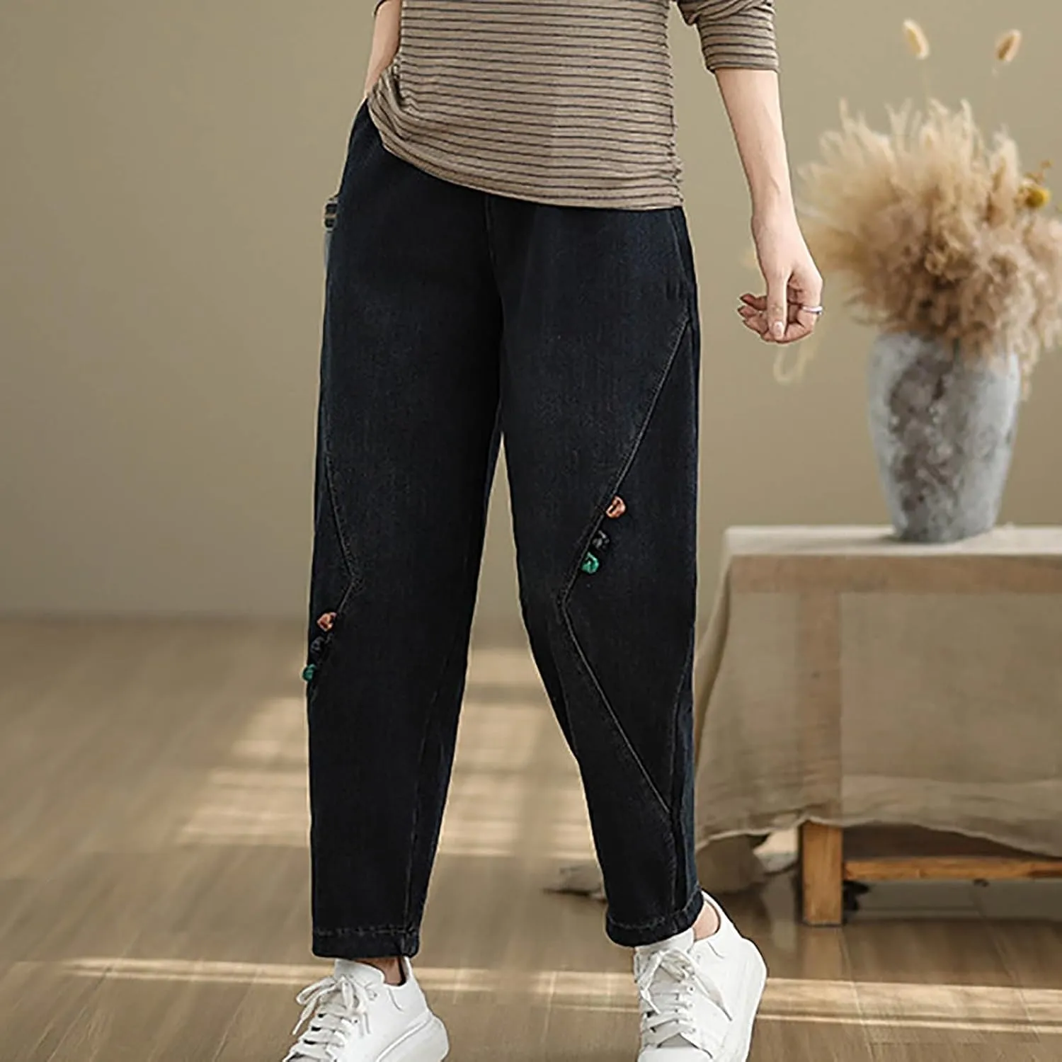 Trendy Barrel Jeans Women High Waisted Pull On Drawstring Elastic Waist Stretchy Denim Pants with Utility Pockets