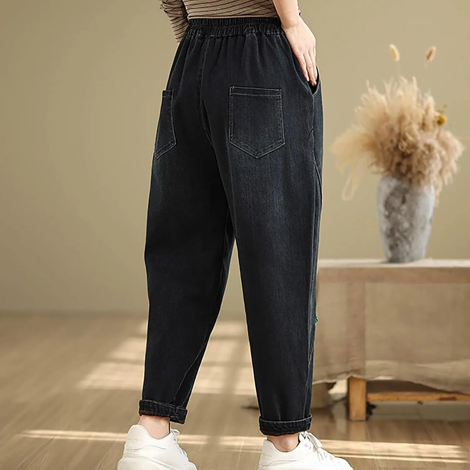 Trendy Barrel Jeans Women High Waisted Pull On Drawstring Elastic Waist Stretchy Denim Pants with Utility Pockets