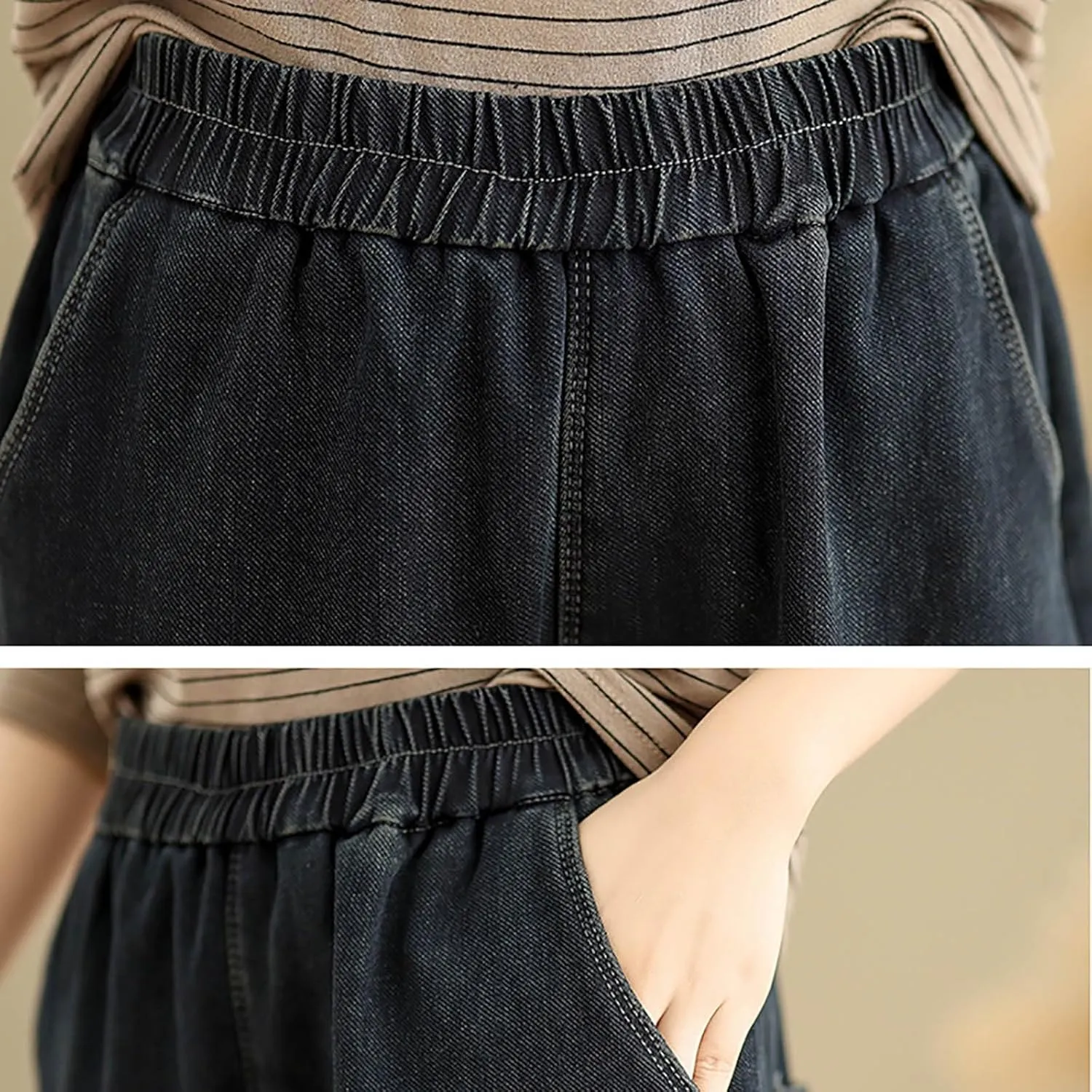Trendy Barrel Jeans Women High Waisted Pull On Drawstring Elastic Waist Stretchy Denim Pants with Utility Pockets