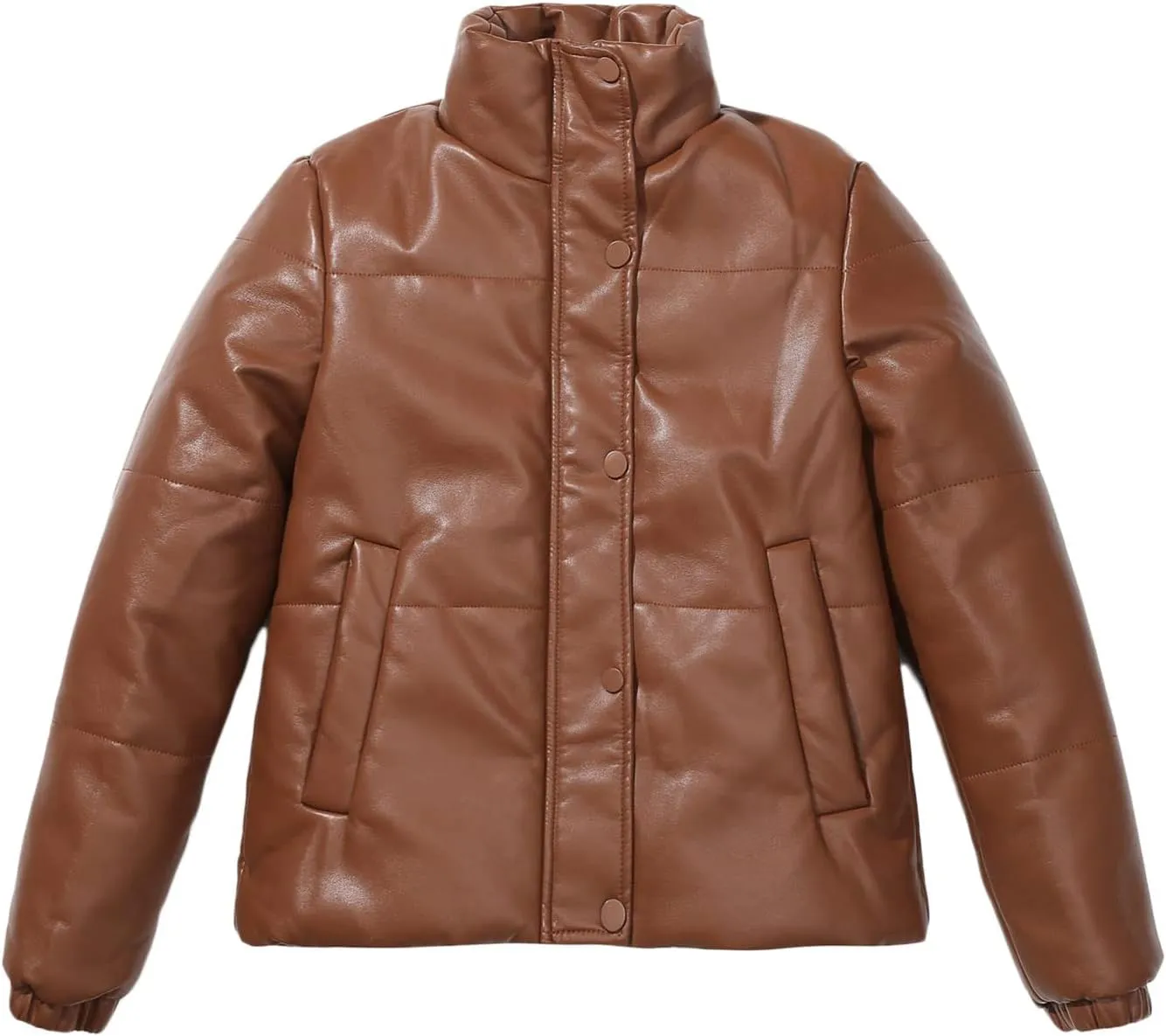 tuduoms Women Faux Leather Puffer Jacket Stand Collar Crop Short Winter Bubble Coat Waterproof Quilted Lightweight Parka Coat