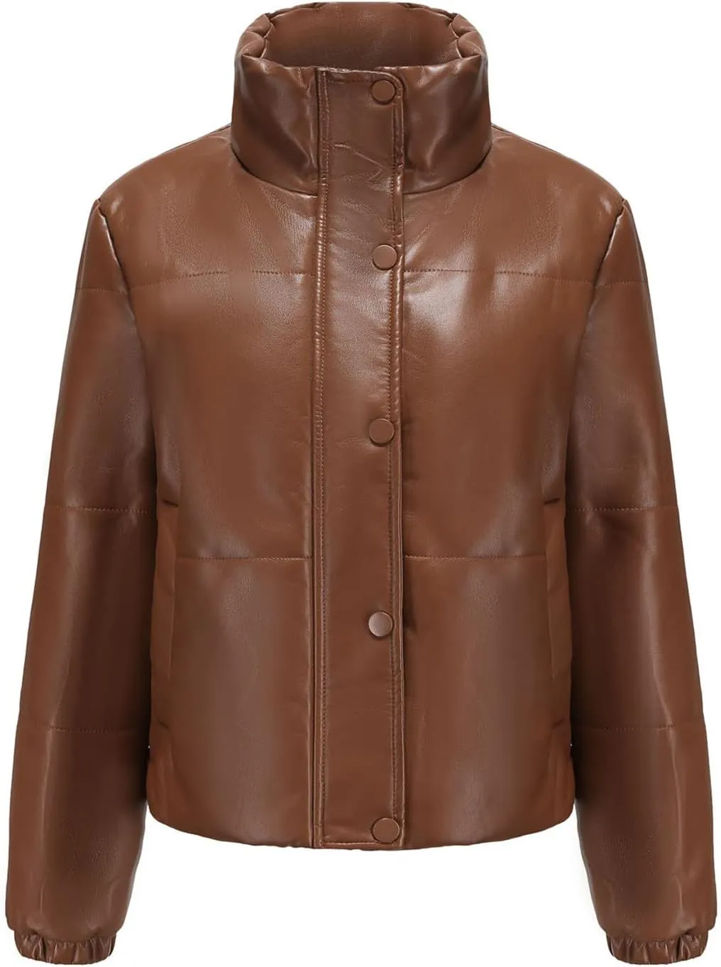 tuduoms Women Faux Leather Puffer Jacket Stand Collar Crop Short Winter Bubble Coat Waterproof Quilted Lightweight Parka Coat
