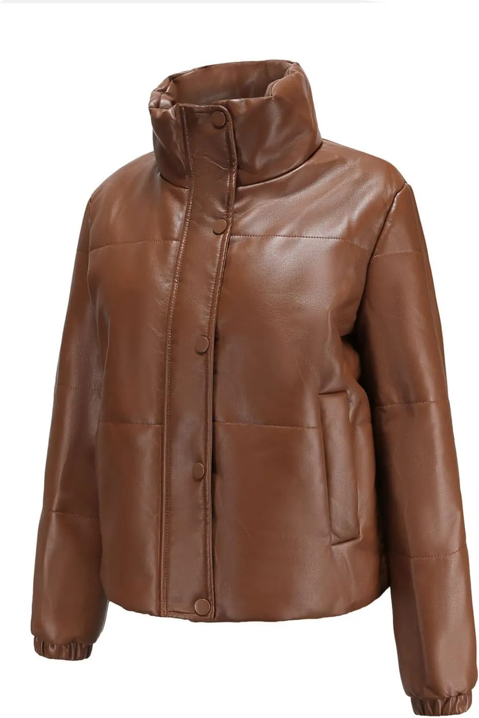 tuduoms Women Faux Leather Puffer Jacket Stand Collar Crop Short Winter Bubble Coat Waterproof Quilted Lightweight Parka Coat