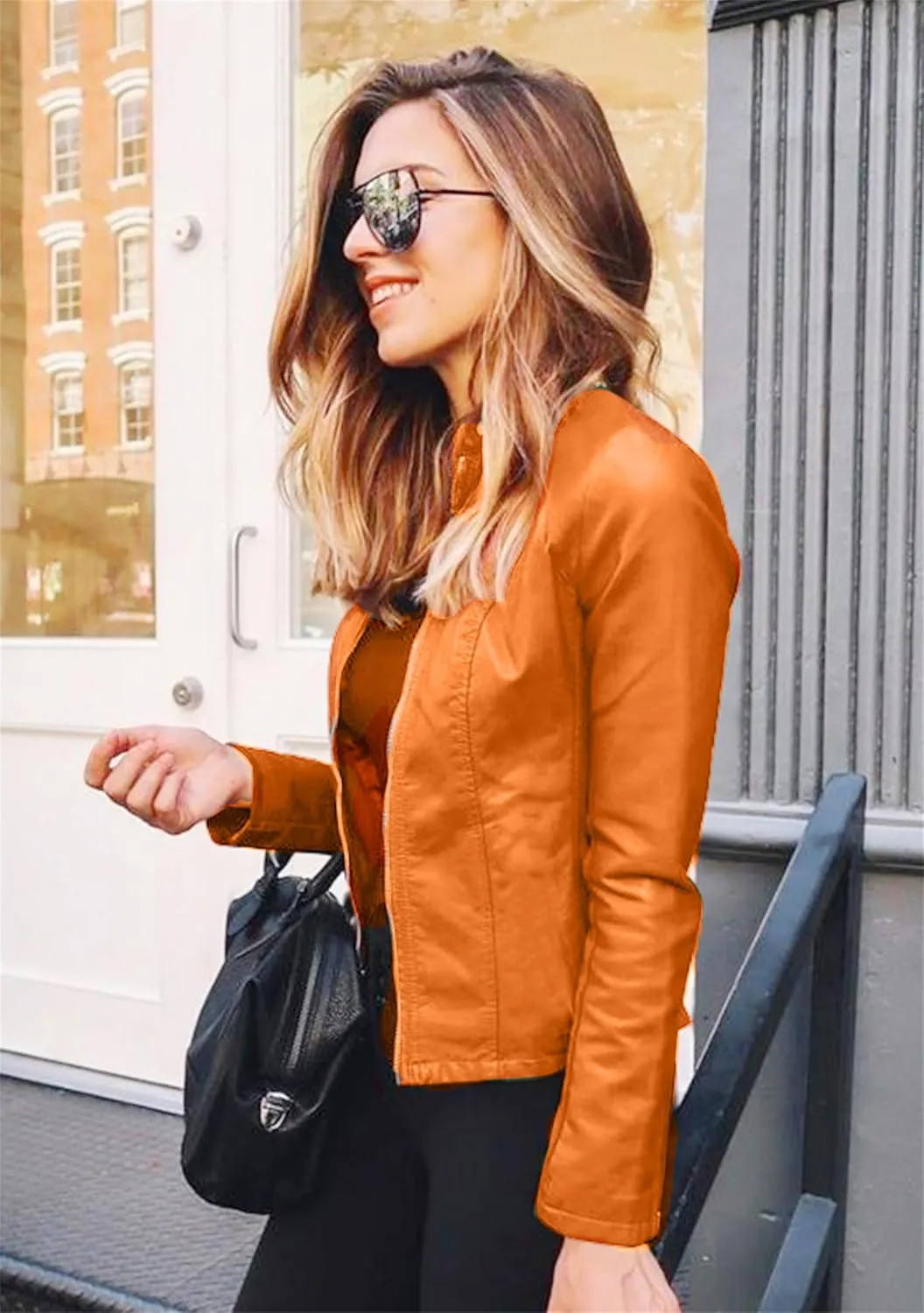 TYQQU Women Fall Faux Leather Outwear Short PU Slim Fit Coat Zip Up Regular Jacket