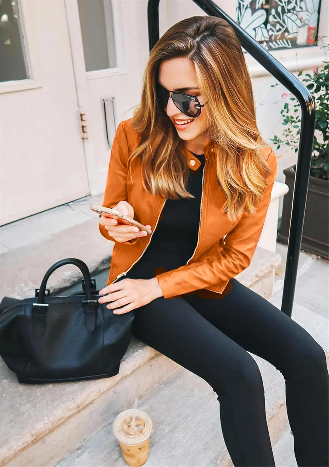 TYQQU Women Fall Faux Leather Outwear Short PU Slim Fit Coat Zip Up Regular Jacket