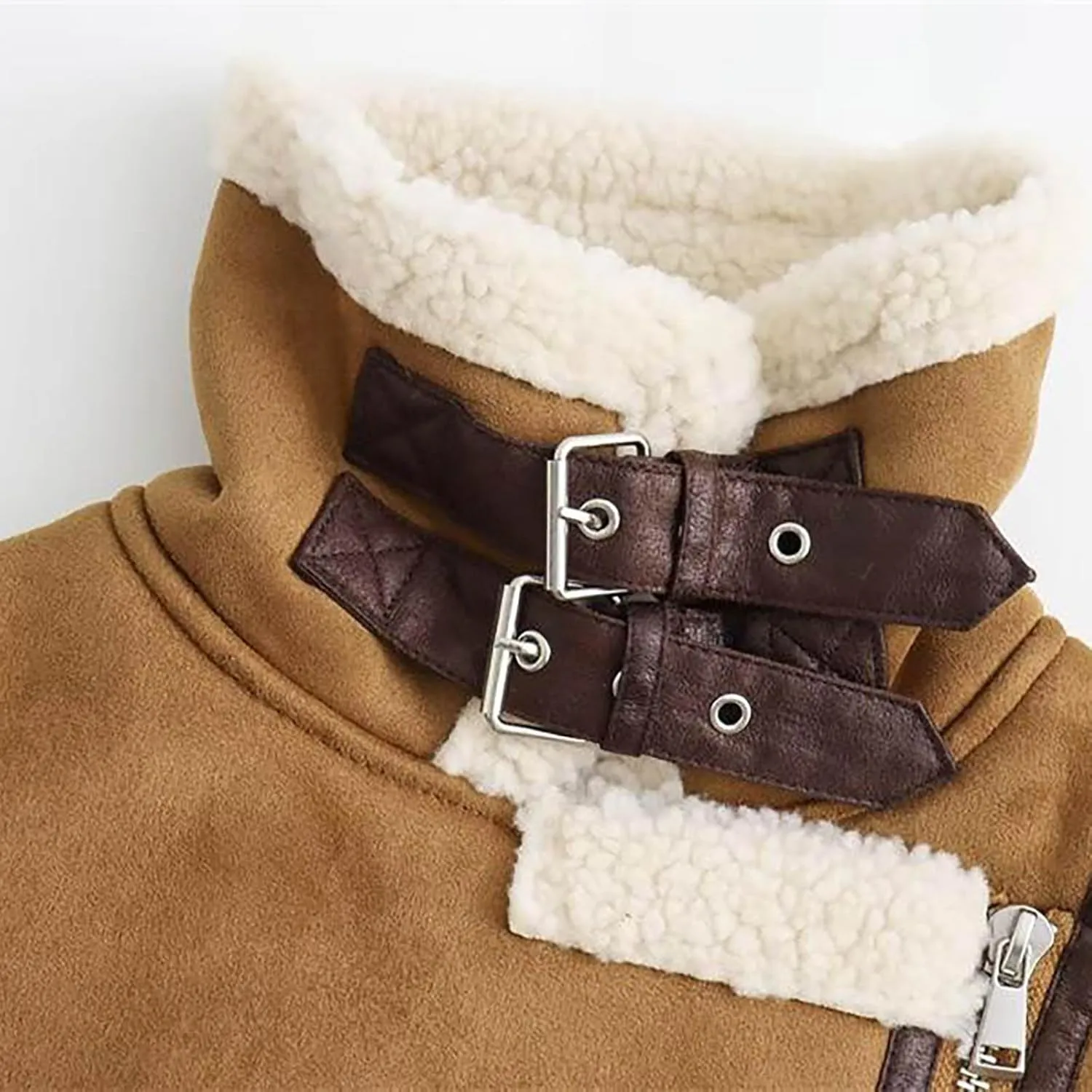 Uillui Women's Winter Trendy Crop Sherpa Lined Suede Leather Vest Jacket Zip Up Sleeveless Lambwool Fur Coat with Pockets