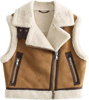 Uillui Women's Winter Trendy Crop Sherpa Lined Suede Leather Vest Jacket Zip Up Sleeveless Lambwool Fur Coat with Pockets