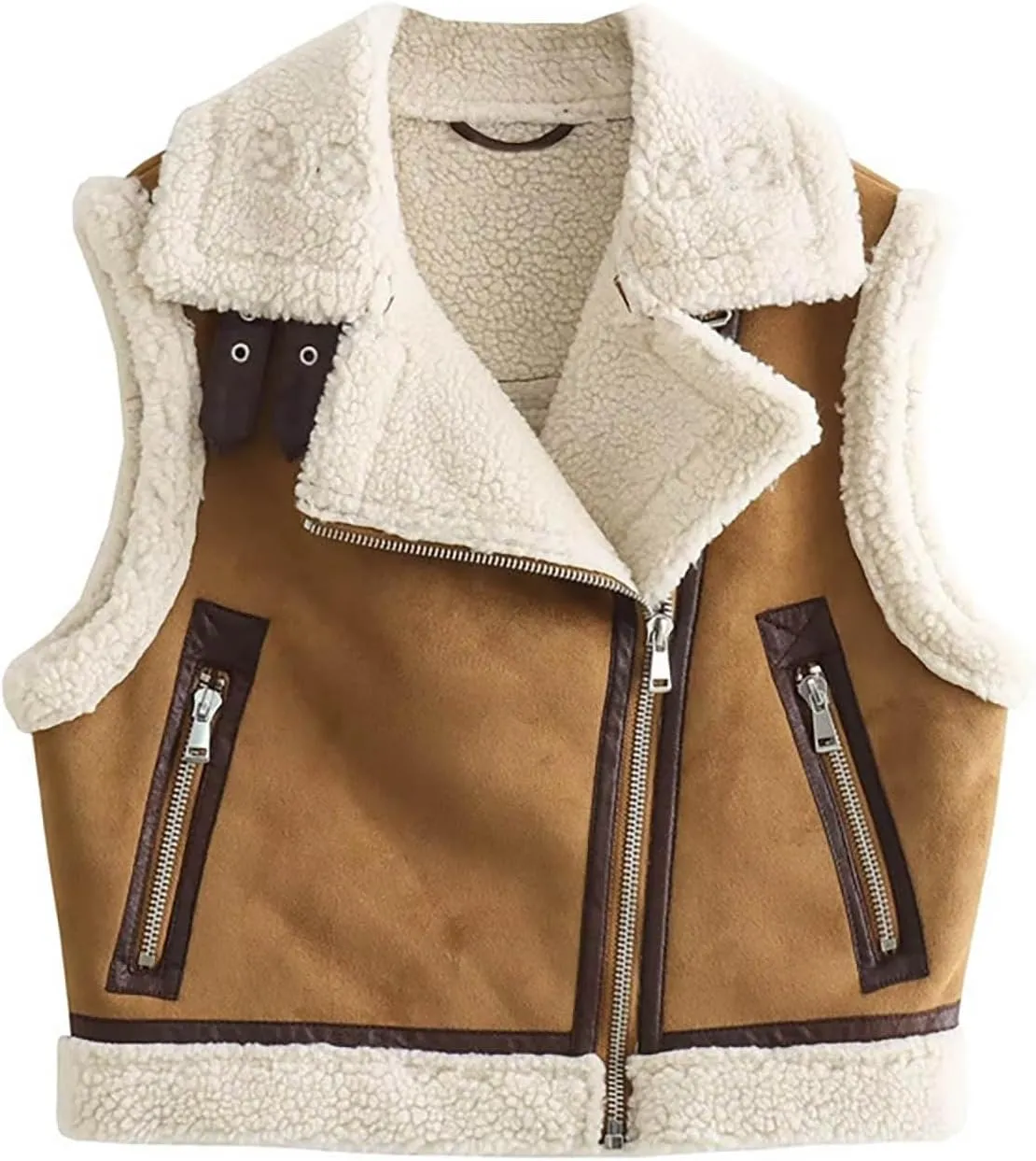 Uillui Women's Winter Trendy Crop Sherpa Lined Suede Leather Vest Jacket Zip Up Sleeveless Lambwool Fur Coat with Pockets