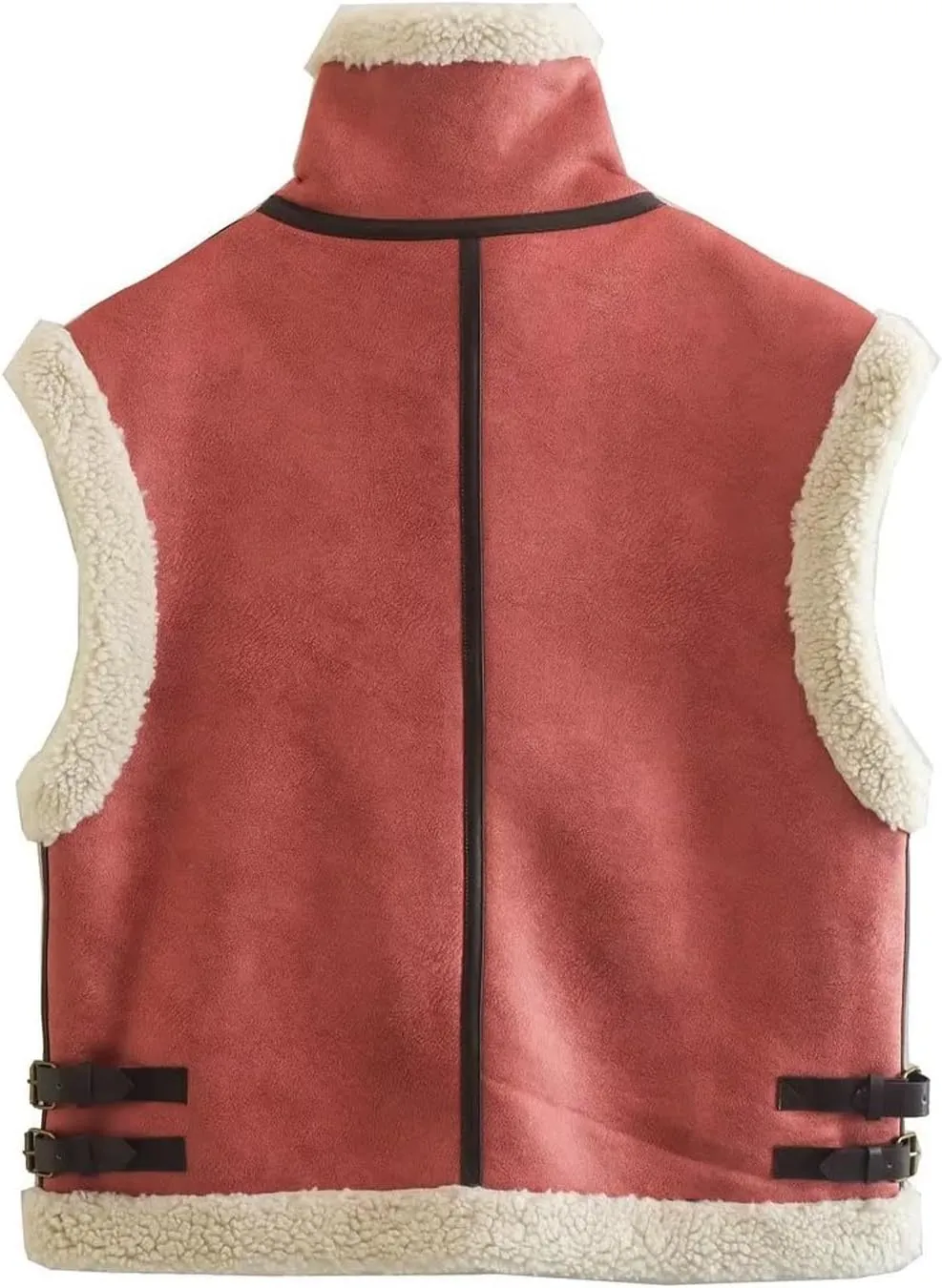 Uillui Women's Winter Trendy Crop Sherpa Lined Suede Leather Vest Jacket Zip Up Sleeveless Lambwool Fur Coat with Pockets