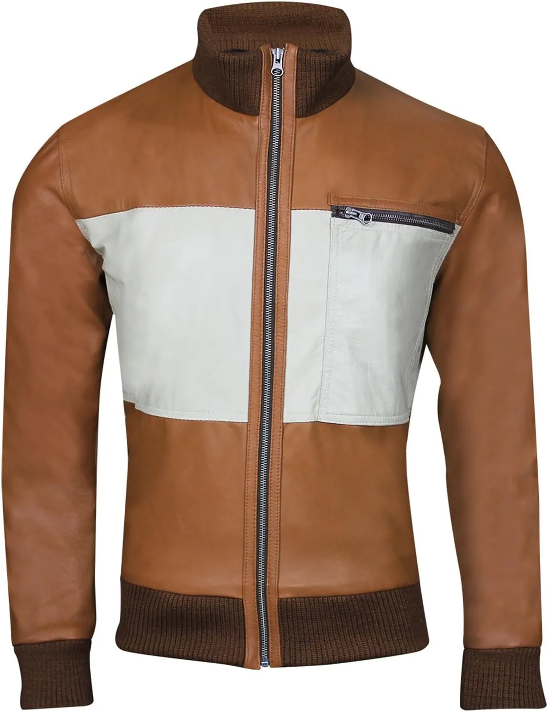Varsity Mens Bomber Leather Jacket - Baseball White and Brown Leather Jacket for Men