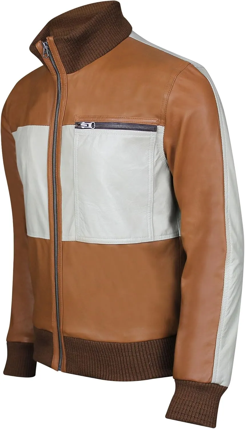 Varsity Mens Bomber Leather Jacket - Baseball White and Brown Leather Jacket for Men