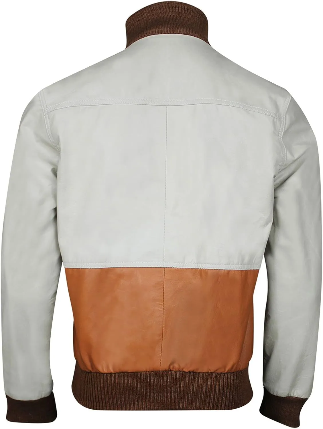 Varsity Mens Bomber Leather Jacket - Baseball White and Brown Leather Jacket for Men