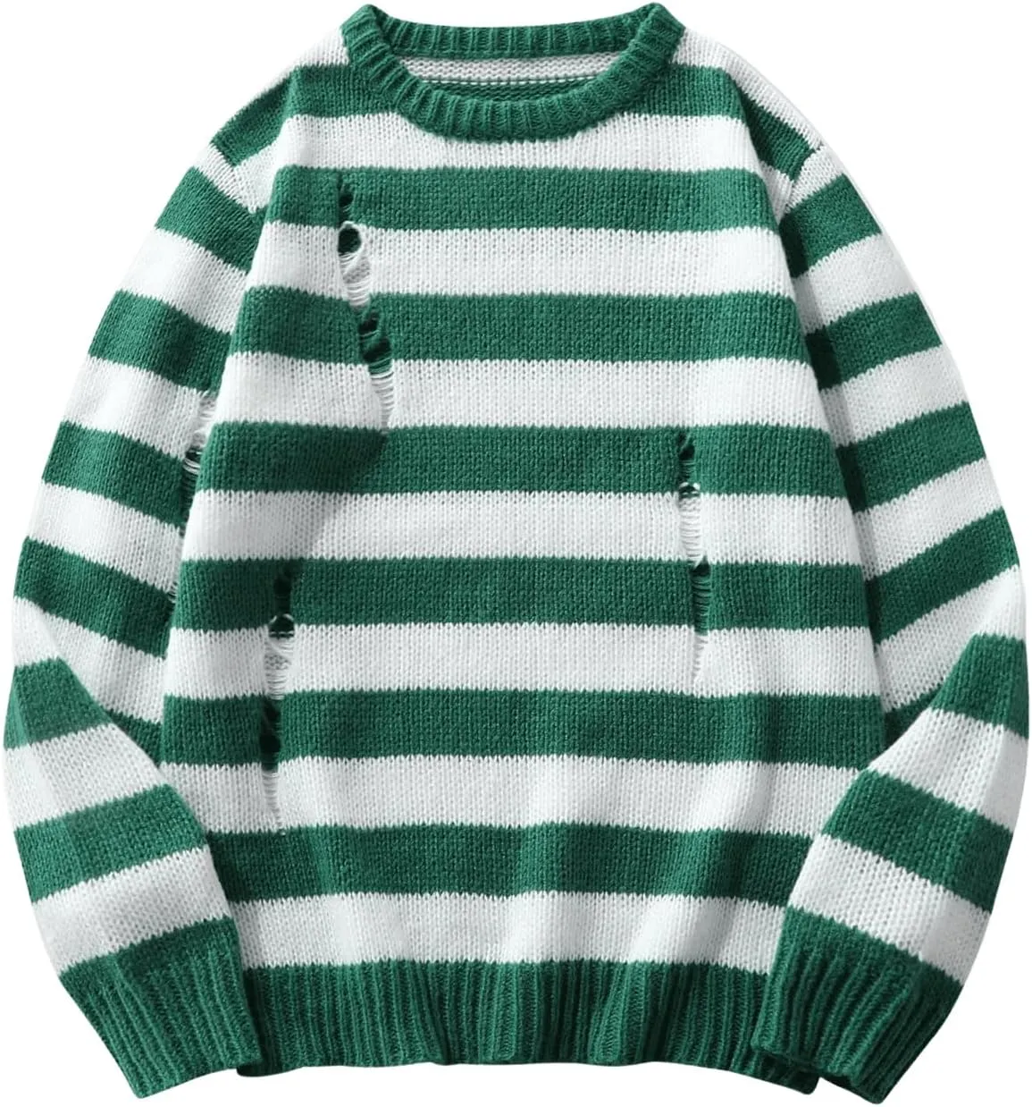 Verdusa Men's Distressed Contrast Binding Round Neck Sweater Striped Long Sleeve Knit Top