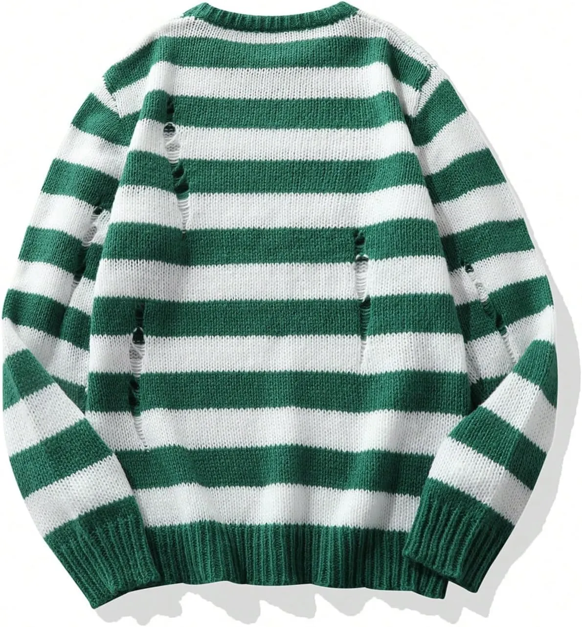 Verdusa Men's Distressed Contrast Binding Round Neck Sweater Striped Long Sleeve Knit Top