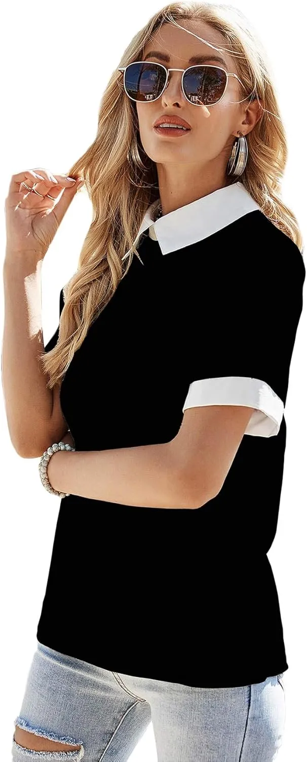 Verdusa Women's Colorblock Contrast Polo Collar Short Sleeve Blouse Shirt Top