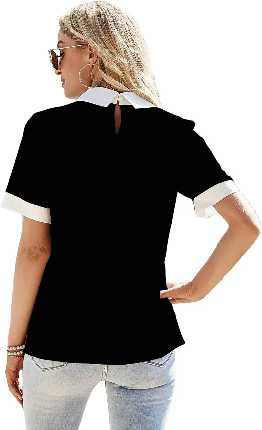 Verdusa Women's Colorblock Contrast Polo Collar Short Sleeve Blouse Shirt Top