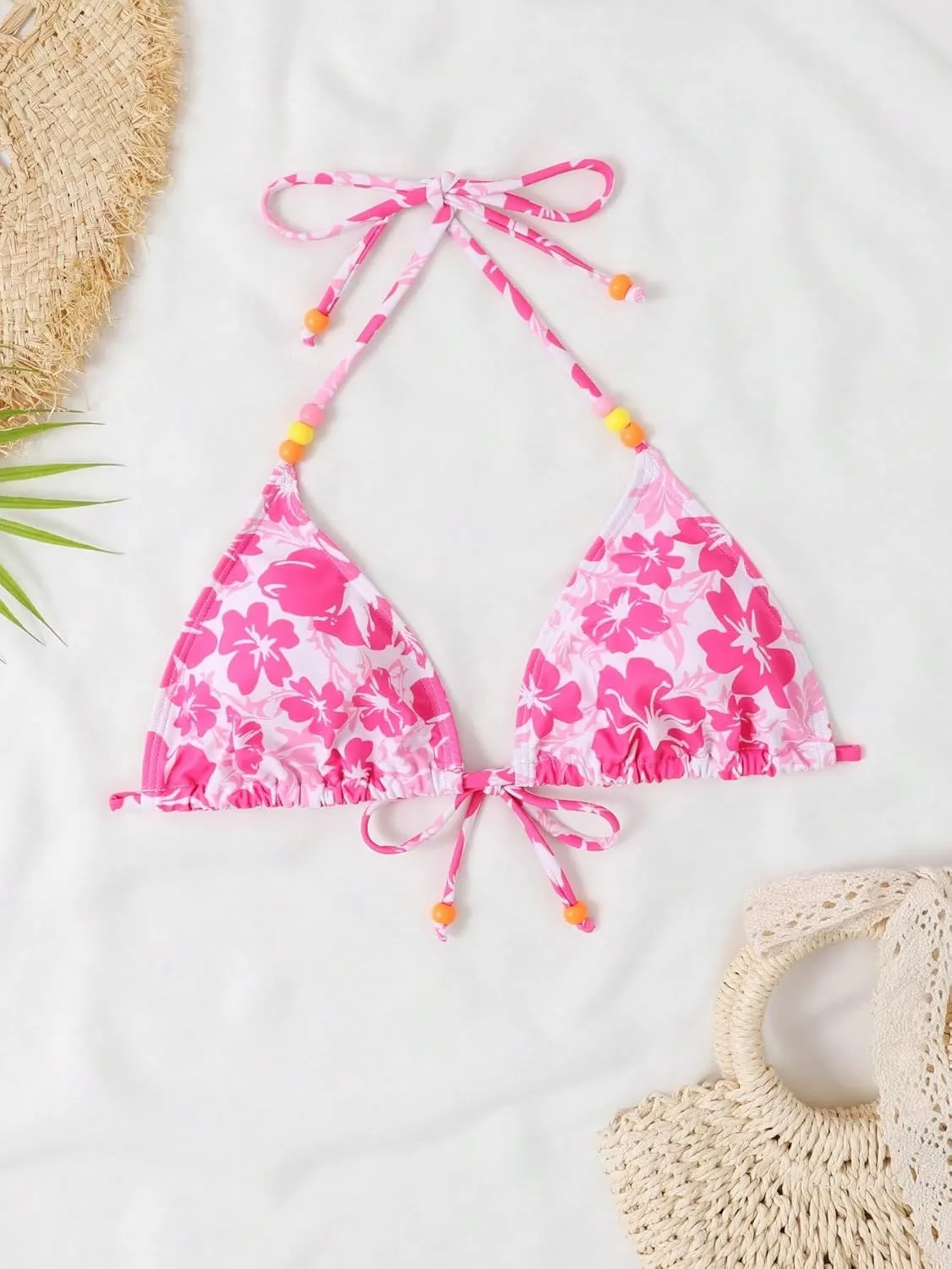 Verdusa Women's Floral Print Halter Bikini Top String Triangle Bra Swimsuit Tops