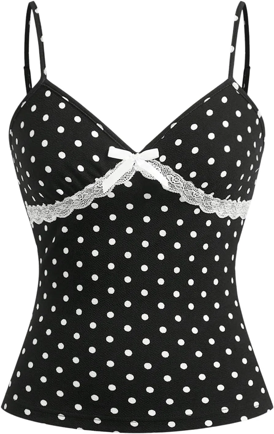 Verdusa Women's Polka Dots Bow Lace Cami Top Sleeveless V Neck Fitted Camisole