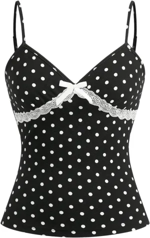 Verdusa Women's Polka Dots Bow Lace Cami Top Sleeveless V Neck Fitted Camisole