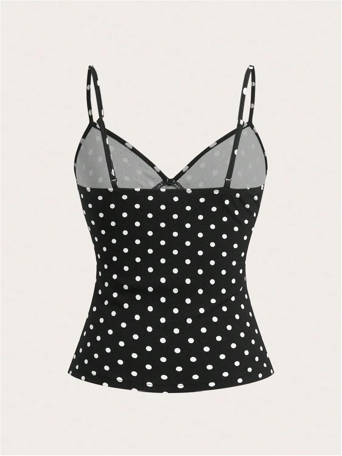 Verdusa Women's Polka Dots Bow Lace Cami Top Sleeveless V Neck Fitted Camisole