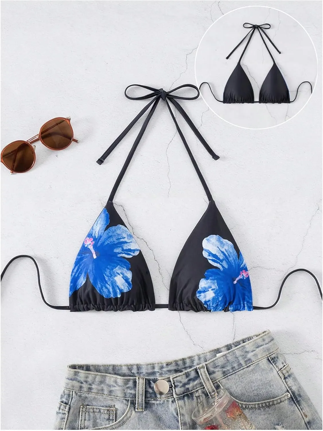 Verdusa Women's Reversible Floral Print Triangle Halter Bikini Tops Tie Backless Swimwear Top