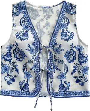 Verdusa Women's Vintage Floral Print Bow Tie Cowgirl Vest V Neck Sleeveless Jacket Outerwear