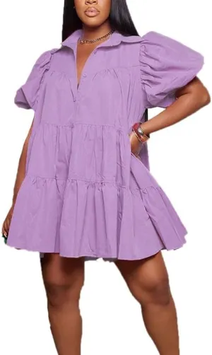 VIVICOLOR Womens Puff Sleeve Babydoll Mini Shirt Dress Button Down Lapel Ruffle Hem Mini Shirt Dress, 3X-Large
