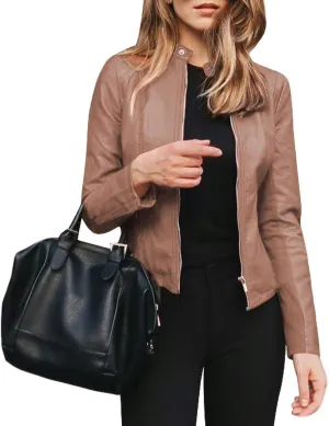watersouprty Women's PU Leather Jacket Biker Jacket with Pockets Vintage Short Coat for Autumn Spring