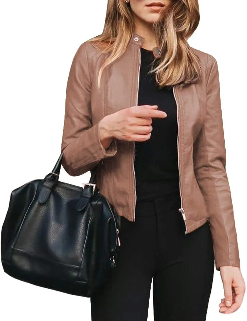 watersouprty Women's PU Leather Jacket Biker Jacket with Pockets Vintage Short Coat for Autumn Spring