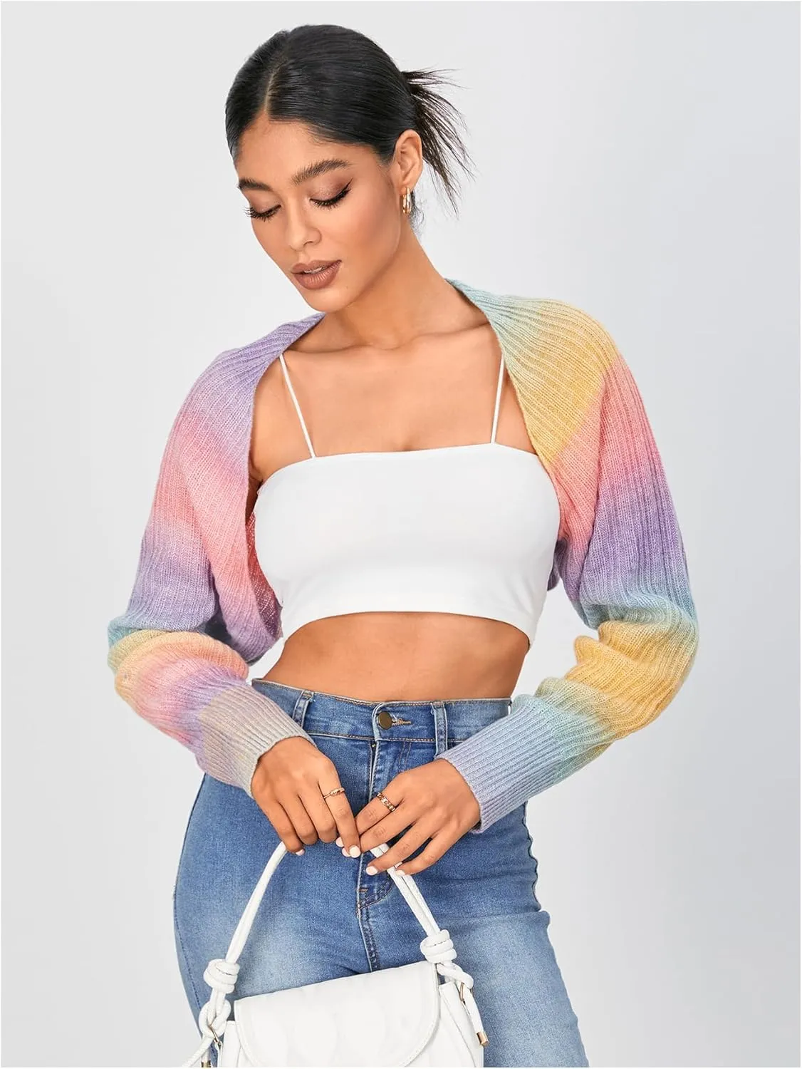 WDIRARA Women's Open Front Long Sleeve Crop Cardigan Bolero Shrugs Casual Knit Top