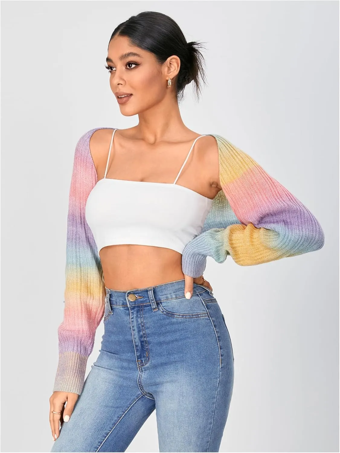 WDIRARA Women's Open Front Long Sleeve Crop Cardigan Bolero Shrugs Casual Knit Top