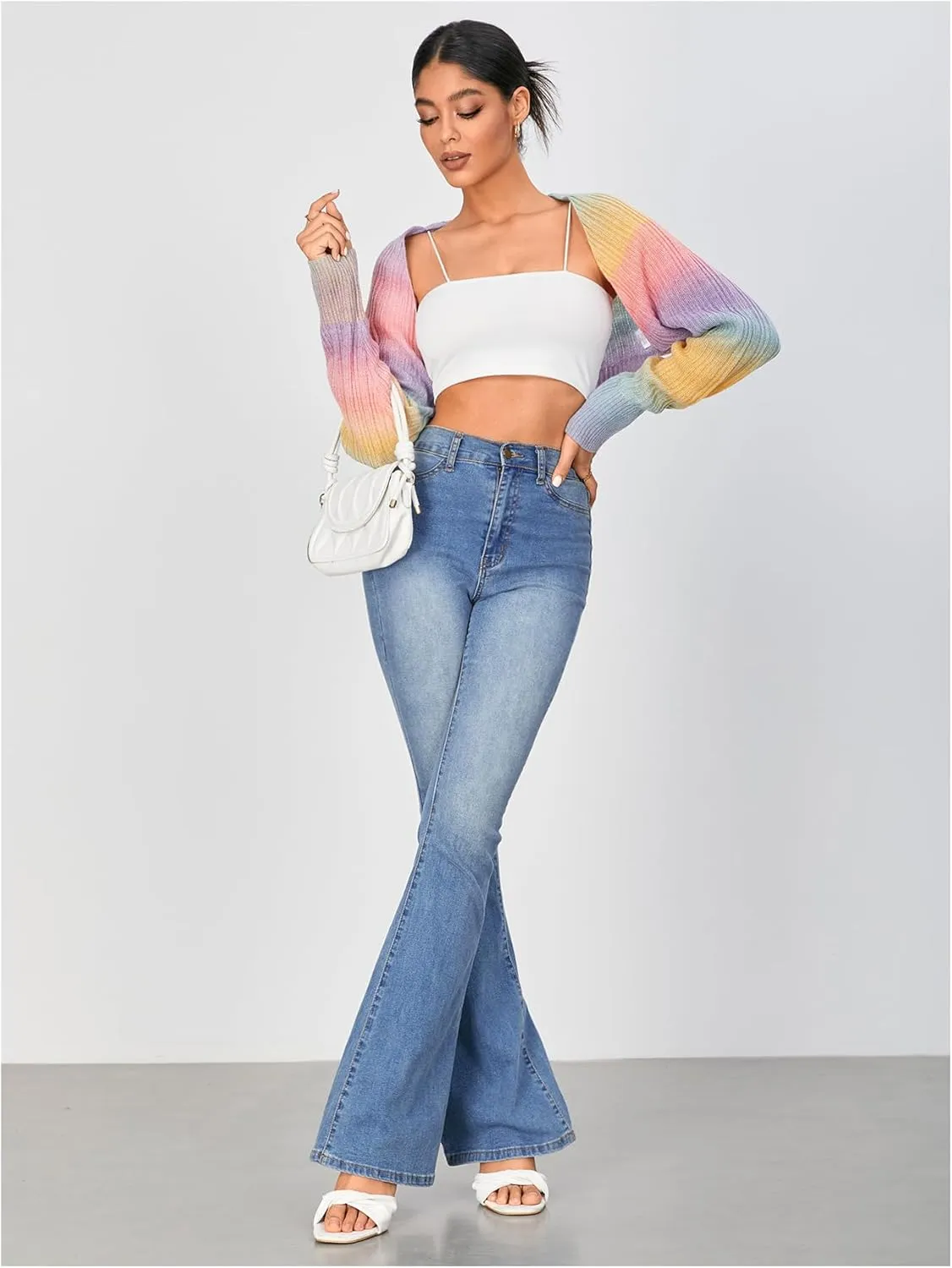 WDIRARA Women's Open Front Long Sleeve Crop Cardigan Bolero Shrugs Casual Knit Top